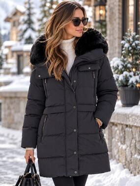 FUSALP | Women’s Navy Quilted Down Winter Coat with Faux-Fur Collar